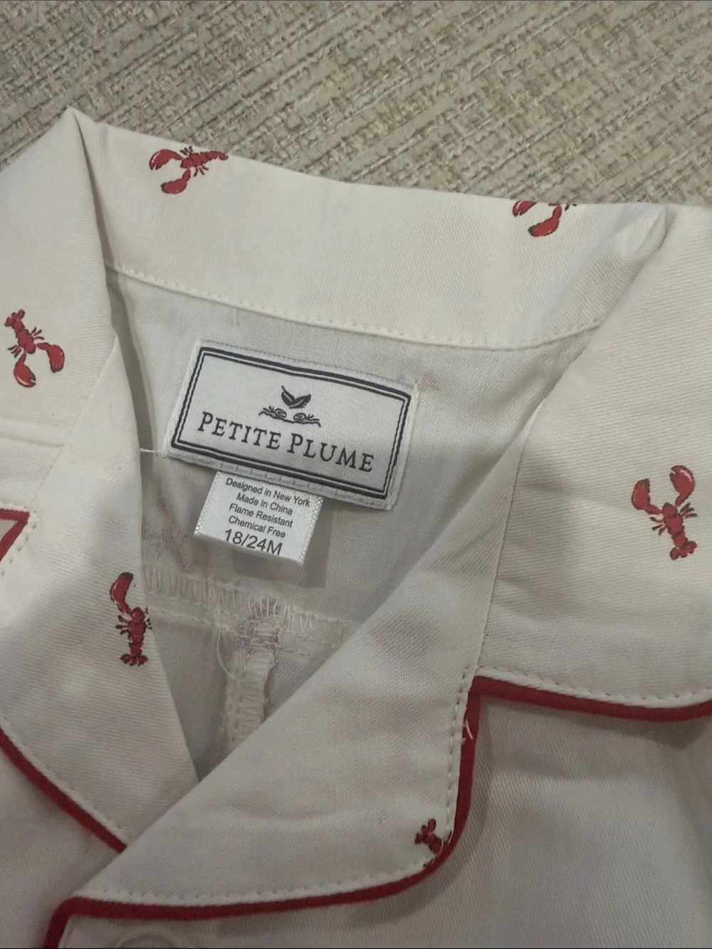 Petit Plume White Lobster Embroidered Short Pajama Romper size 18/24
